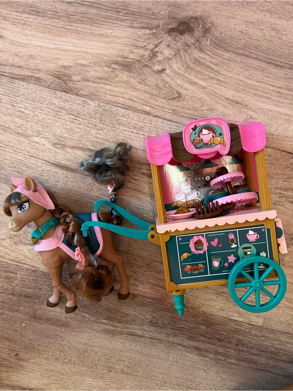Kids Tea Cart Playset with Brown Horse - Pink & Teal Accessories
